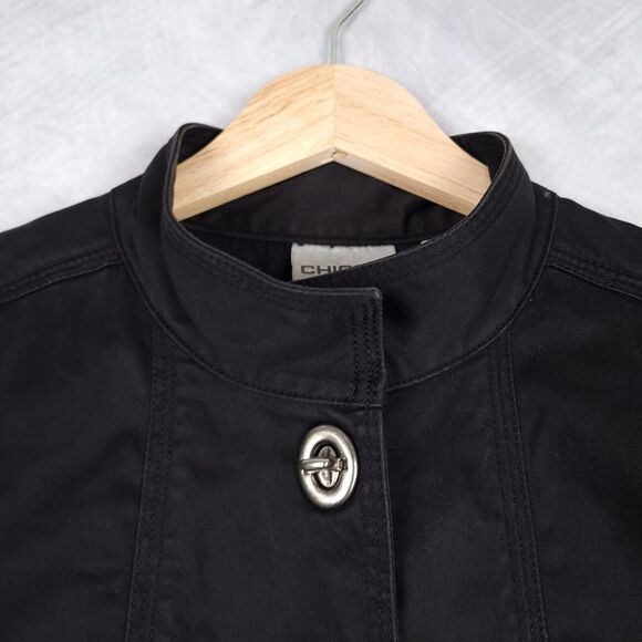 Chicos Field Coat Womens 1 Small Black Metal Twist Closure Flip Cuff Utility - Picture 2 of 16